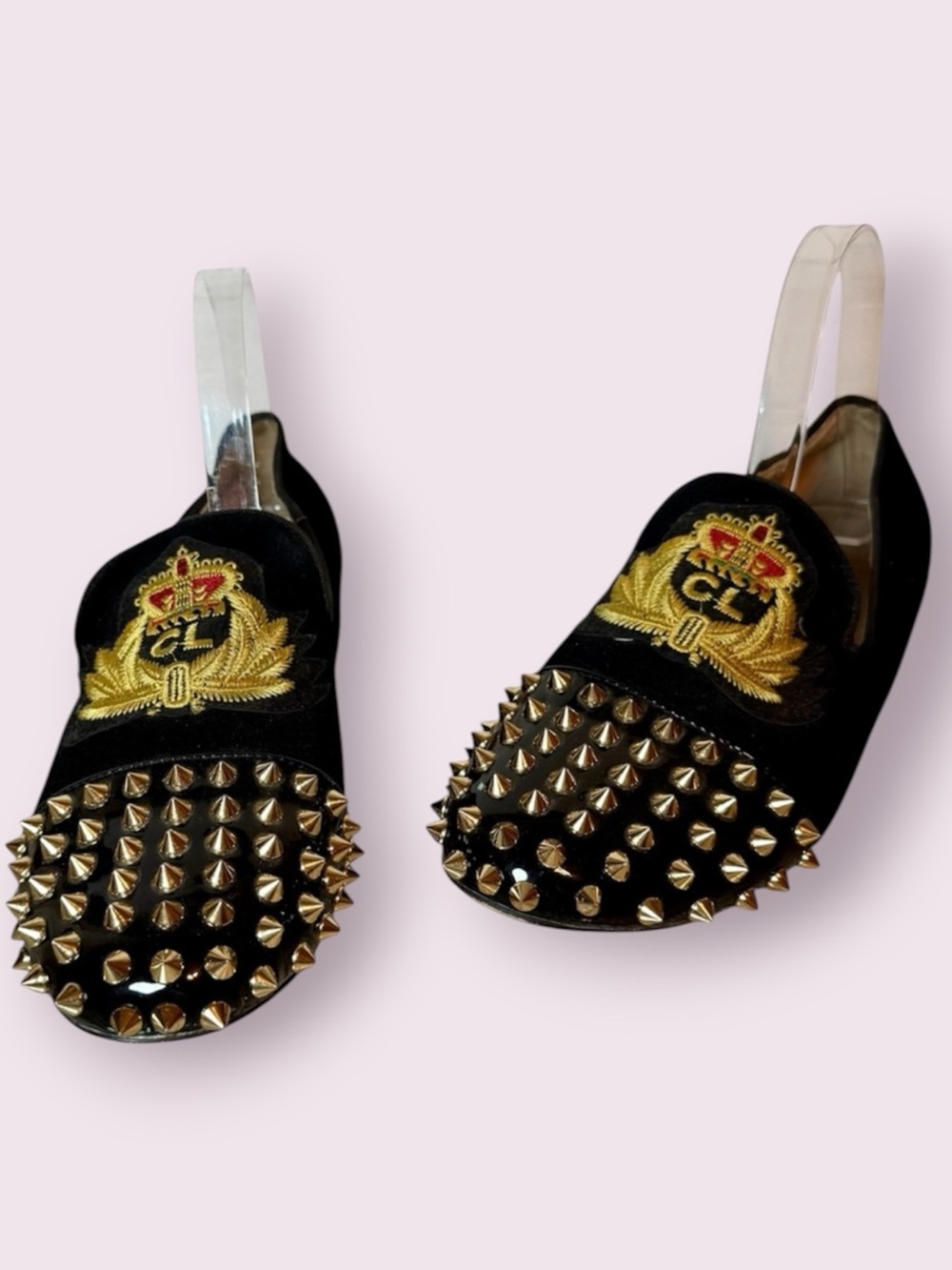 Christian Louboutin Velvet & Spiked Loafer Black Gold Size EU 43